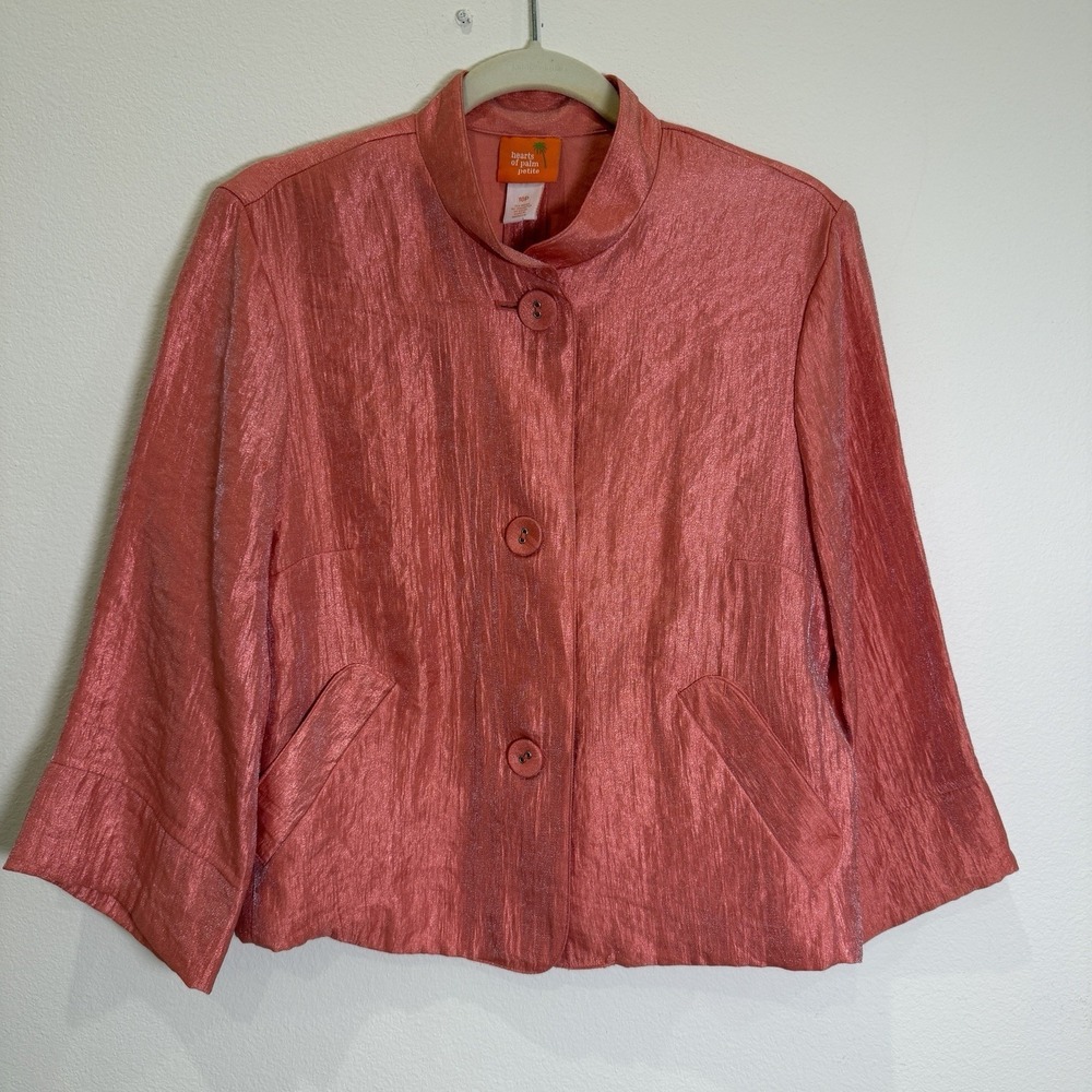 Hearts of Palm Jacket Women's 10P Rayon Crinkle 3/4 Sleeve Pockets Salmon Summer